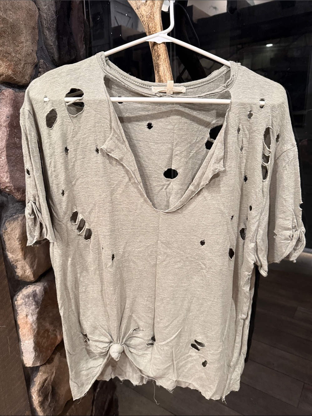 Gilded Intent Distressed V-Neck Tee in Sage